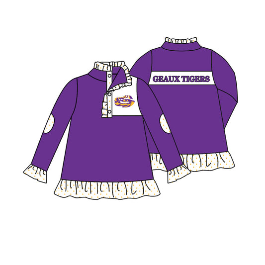 Baby Girl Long Sleeves Tiger Team Zipper Purple Ruffle Shirt Pullover ( Moq 5 )