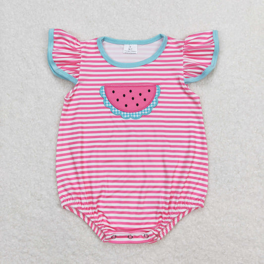 Baby Girl Embroidery Watermelon Summer Pink Stripes Bubble One Piece Romper