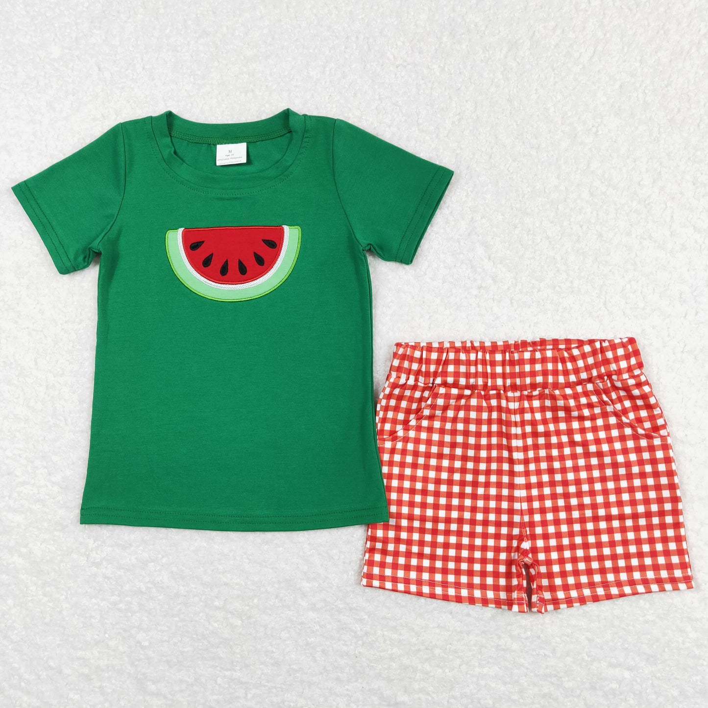 BSSO0345 Baby Boy Short Sleeves Embroidery Watermelon Green Shirt Pocket Plaid Shorts Set
