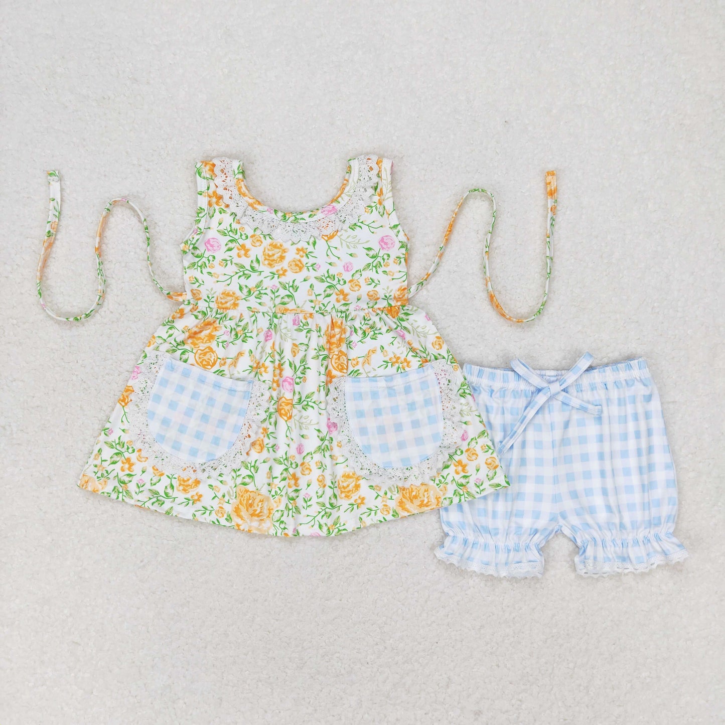 Baby Girl Sleeveless Flower Pocket Tunic Blue Plaid Shorts Summer Set