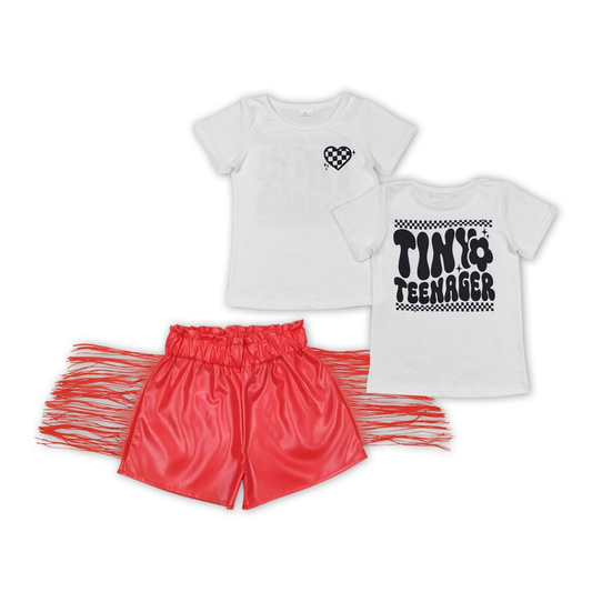 Baby Girl Short Sleeves Little Teenager Shirt Red Leather Shorts Set