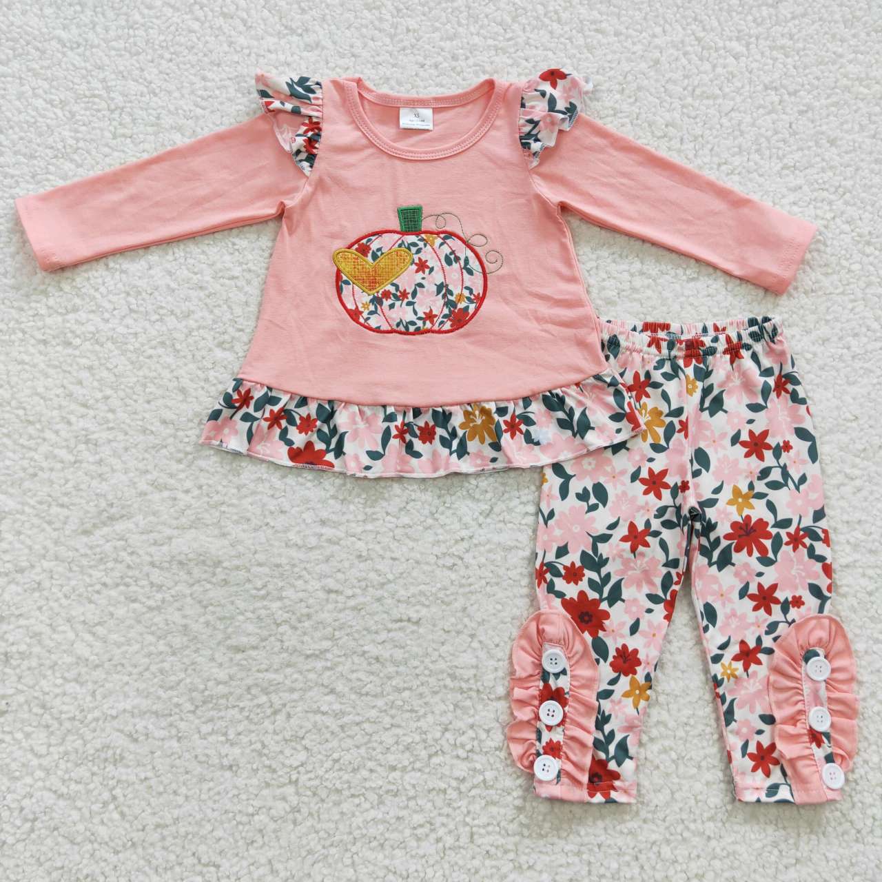 GLP0426 Baby Girl Pink Long Sleeves Embroidery Pumpkin Tunic Ruffle Floral Pants Outfit
