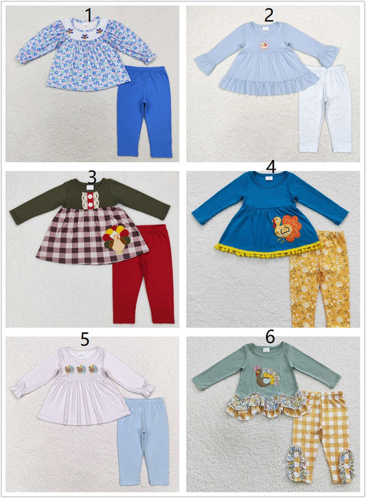 Sibling Girls Toddler Embroidery turkey Tunic Pants Thanksgiving Fall Set Clothes RTS