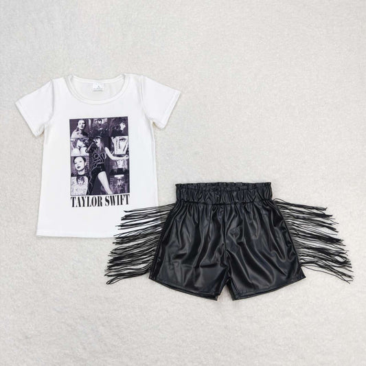 Baby Girl Short Sleeves Singer Shirt Black Leather Shorts Set