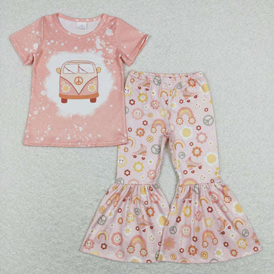 GSPO1243 Baby Girl Short Sleeves Peace Shirt Face Floral Bell Pants Set