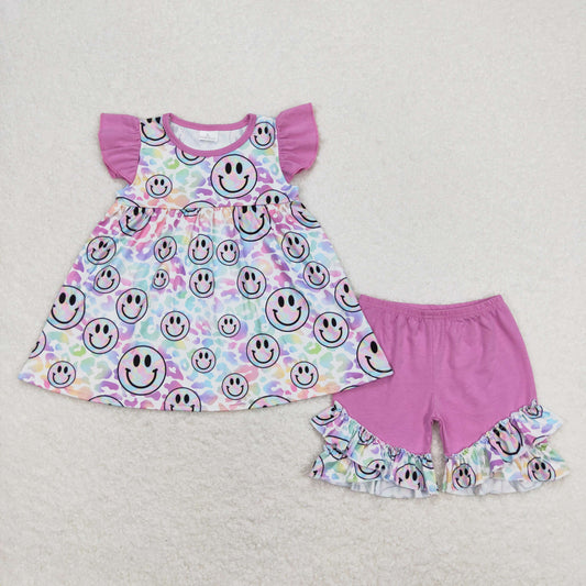 Baby Girls Short Sleeves Smile Leopard Tunic Purple Shorts Summer Set