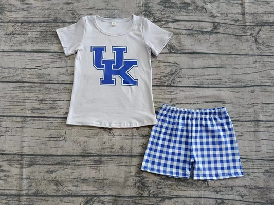 Baby Boy Short Sleeves Team Tee Shirt Blue Plaid Shorts Outfit ( Moq 5 )