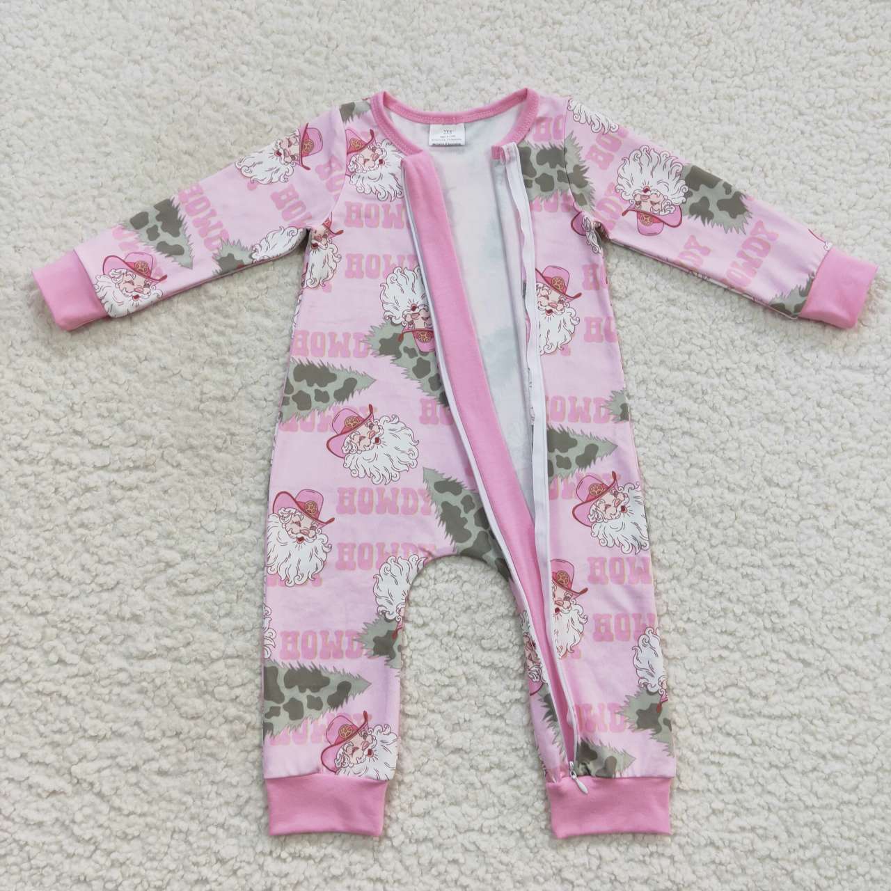 LR0548 Baby Girl Christmas Santa Howdy Long Sleeves Pink One Piece Zipper Footie Romper