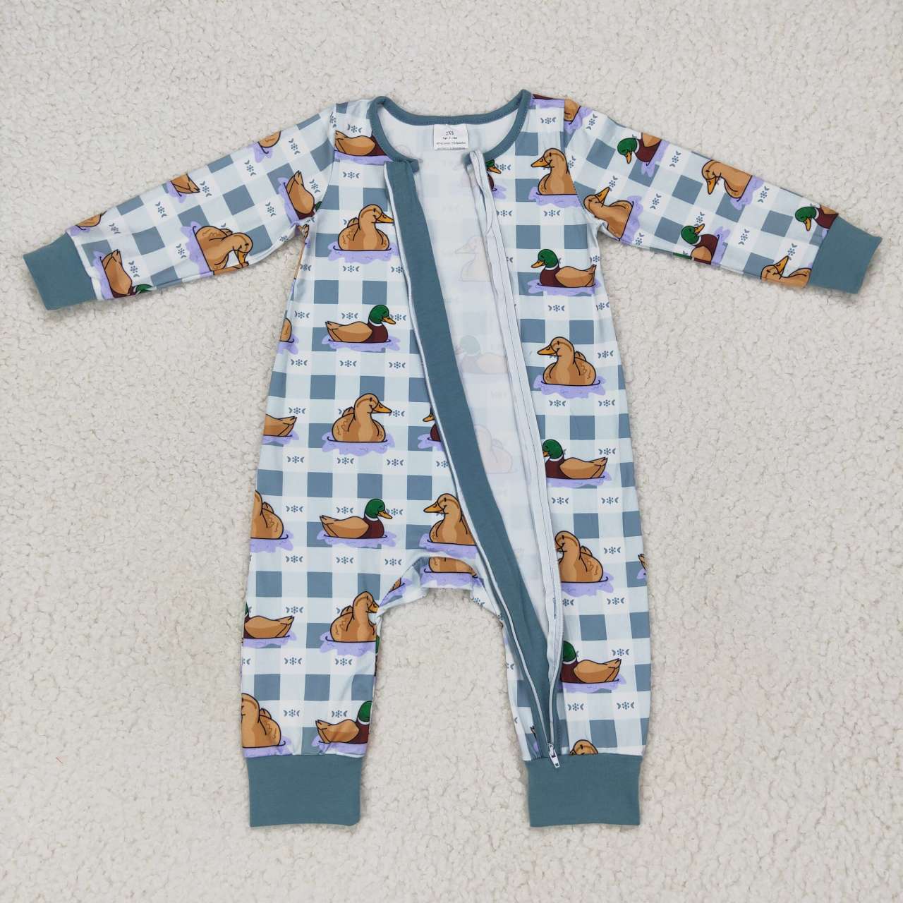 LR0657 Baby Boy Long Sleeves Ducks Plaid Zipper One Piece Romper