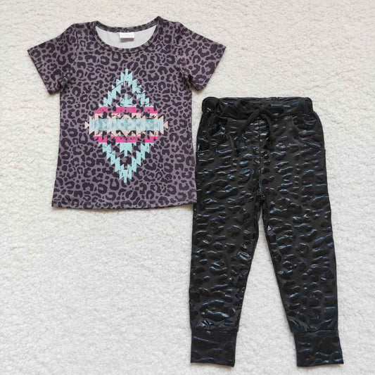 Baby Girl Short Sleeves Aztec Leopard Shirt Black Leather pants Outfit