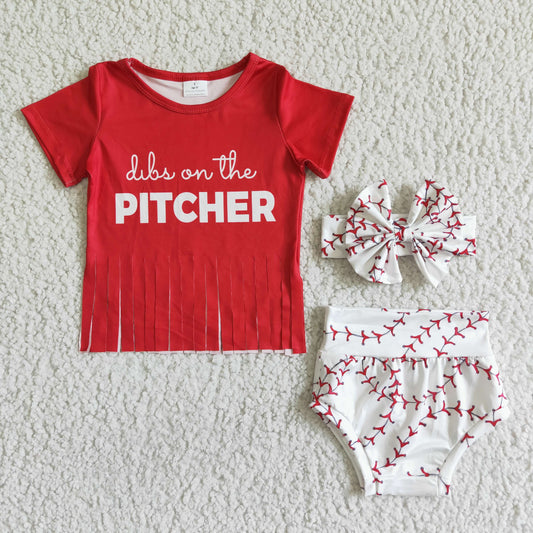 Promotion Baby Girl Red Baseball Shirt Bummies Outfit & Headband