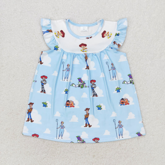 Baby Girl Short Sleeves Cartoon Toys Blue Tunic Tops