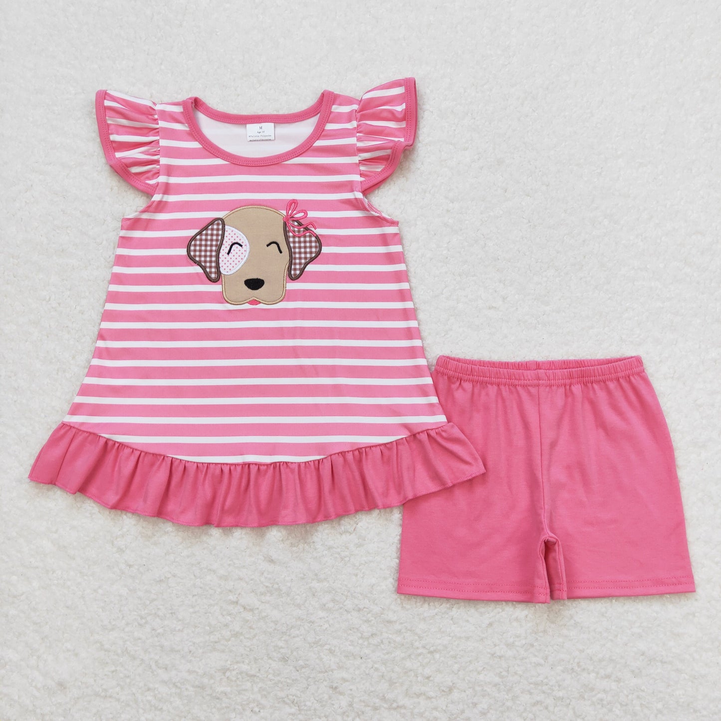 Baby Girl Short Sleeves Embroidery Dog Stripes Shirt Pink Cotton Shorts Set
