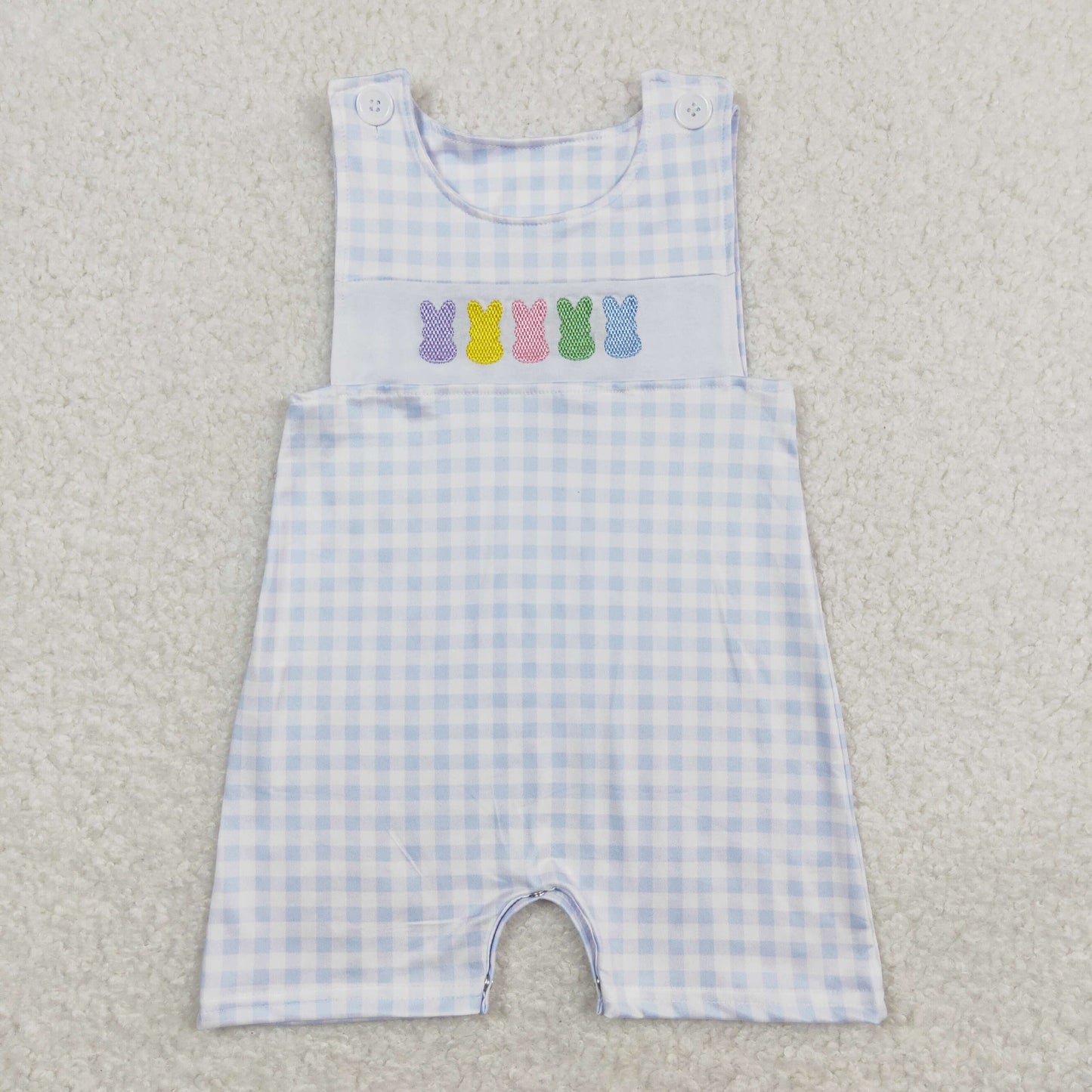 Baby Boy Easter Embroidery Rabbits Plaid Blue One Piece Romper