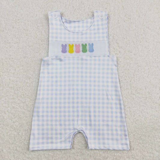 Baby Boy Easter Embroidery Rabbits Plaid Blue One Piece Romper