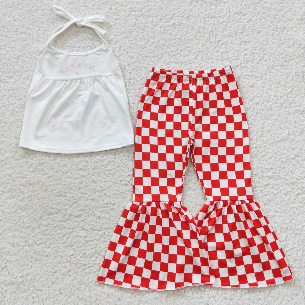 GSPO0761 Baby Girl Flower Halter Tops Checkered Bell Pants Outfit