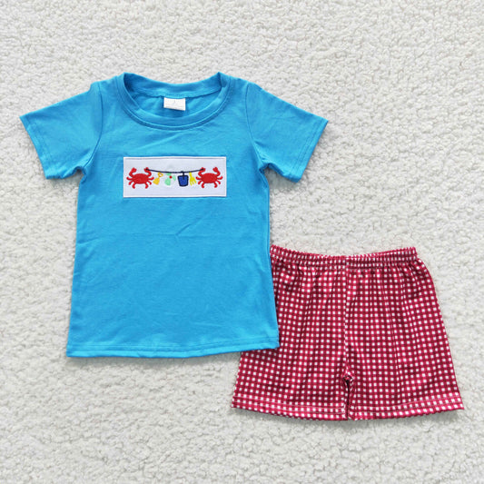 BSSO0247 Baby Boy Short Sleeves Crab Shirt Plaid Shorts Summer Embroidery Outfit