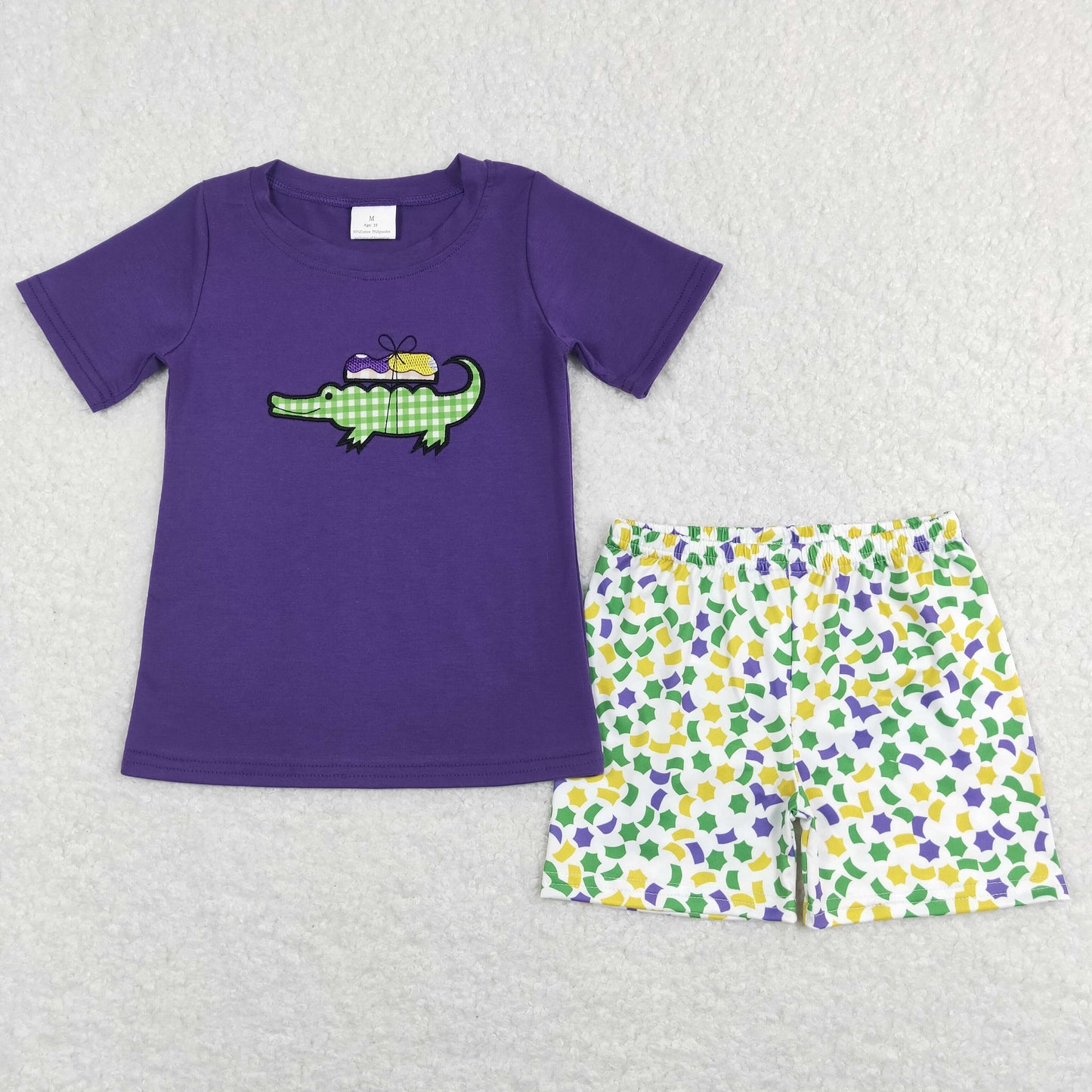 GSSO0444 Mardi Gras Baby Girl Purple Short Sleeves Embroidery Shirt Ruffle Shorts Set