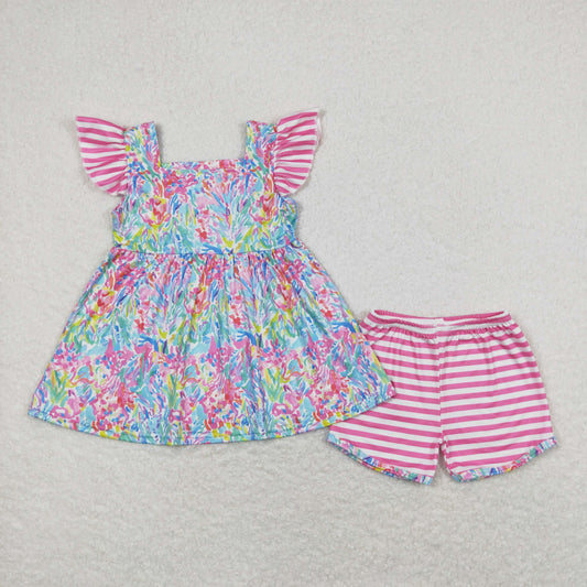 Baby Girl Short Sleeves Floral Tunic Stripes Shorts Set