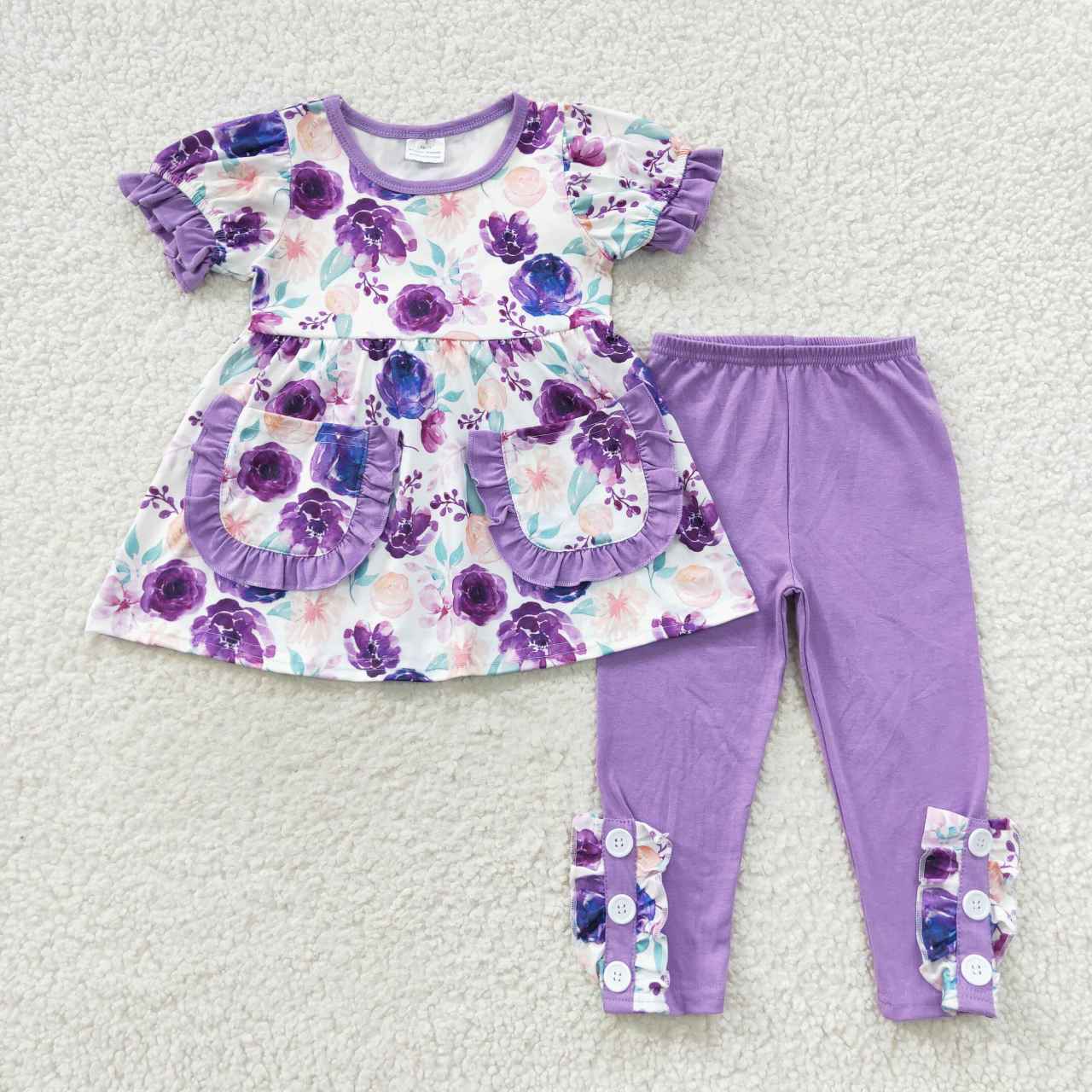 GSPO0756 Baby Girl Short Sleeves Flower Pocket Tunic Pants Floral Purple Outfit