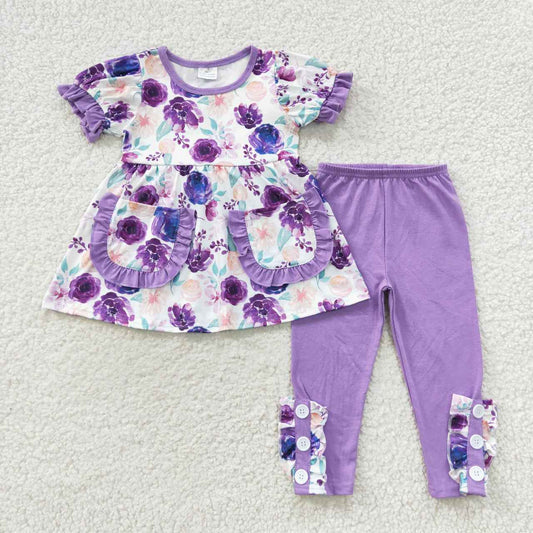 GSPO0756 Baby Girl Short Sleeves Flower Pocket Tunic Pants Floral Purple Outfit