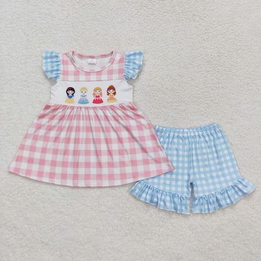 Baby Girls Summer Princess Tunic Blue Plaid Ruffle Shorts Set