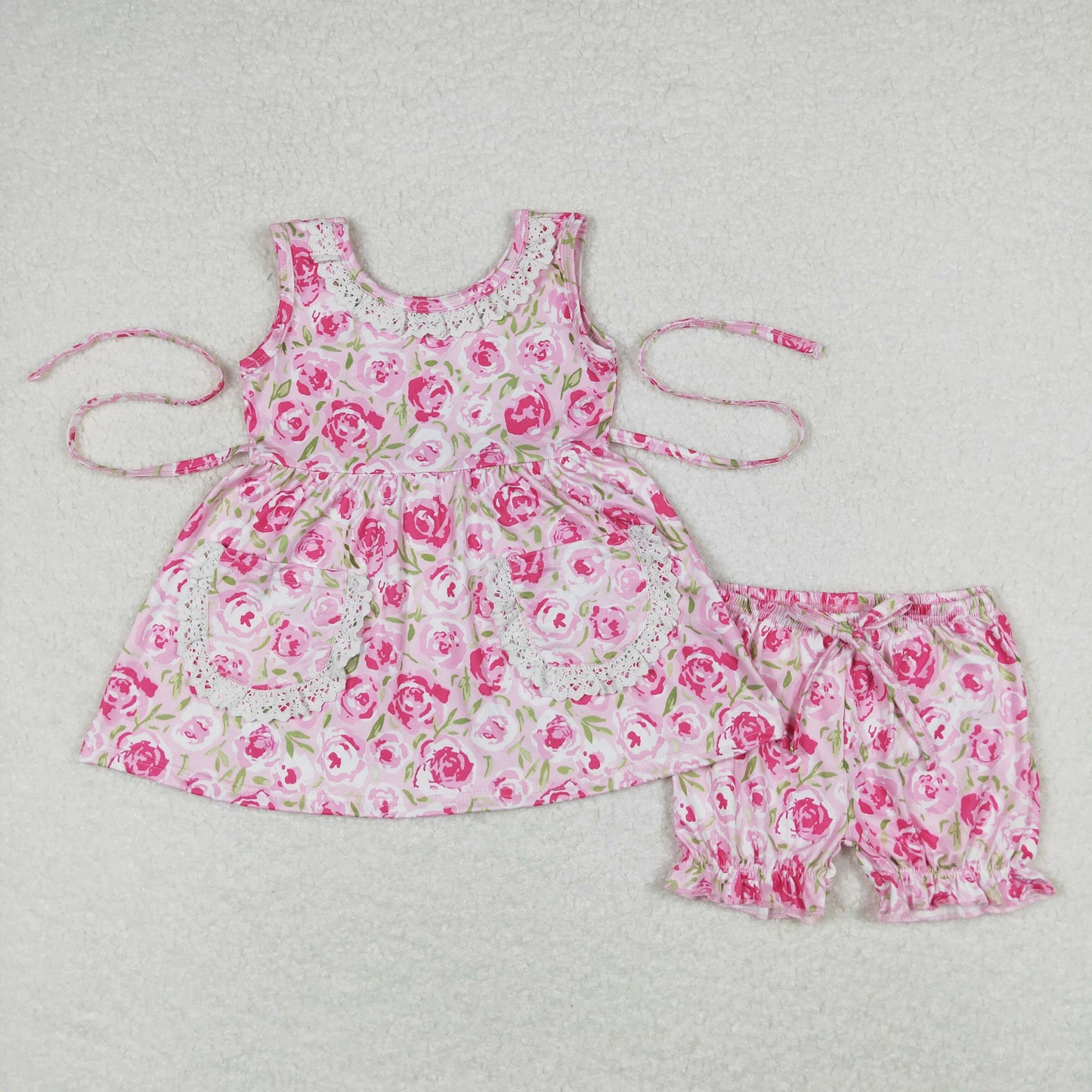 Baby Girl Sleeveless Lace Pocket Floral Tunic Shorts Summer Pink Flower Set