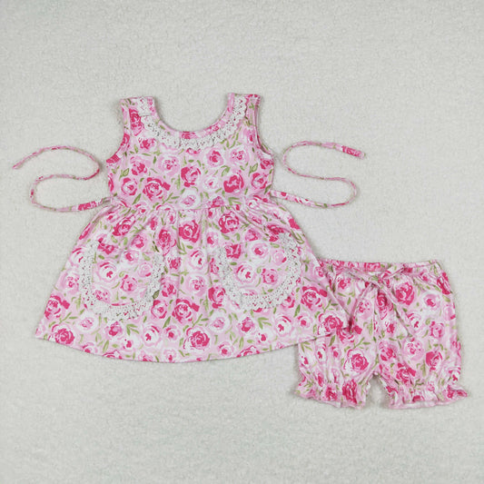 Baby Girl Sleeveless Lace Pocket Floral Tunic Shorts Summer Pink Flower Set