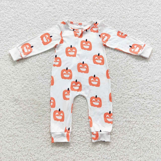 LR0495 Baby Kids Halloween Pumpkin Long Sleeves One Piece Zipper Romper