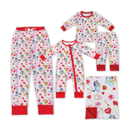 Baby Boy Girl Adult Valentine Dogs Hearts Sibling Family Romper Blanket Pajamas Set Clothes