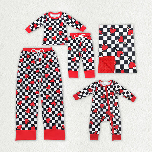 Baby Boy Girl Adult Valentines Hearts Checked Sibling Family Romper Blanket Clothes Pajamas Set