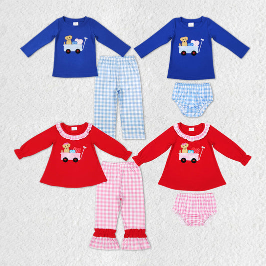 Baby Boy Girl Long Sleeves Valentines Embroidery Dogs Hearts Checked Sibling Pajamas Clothes Set