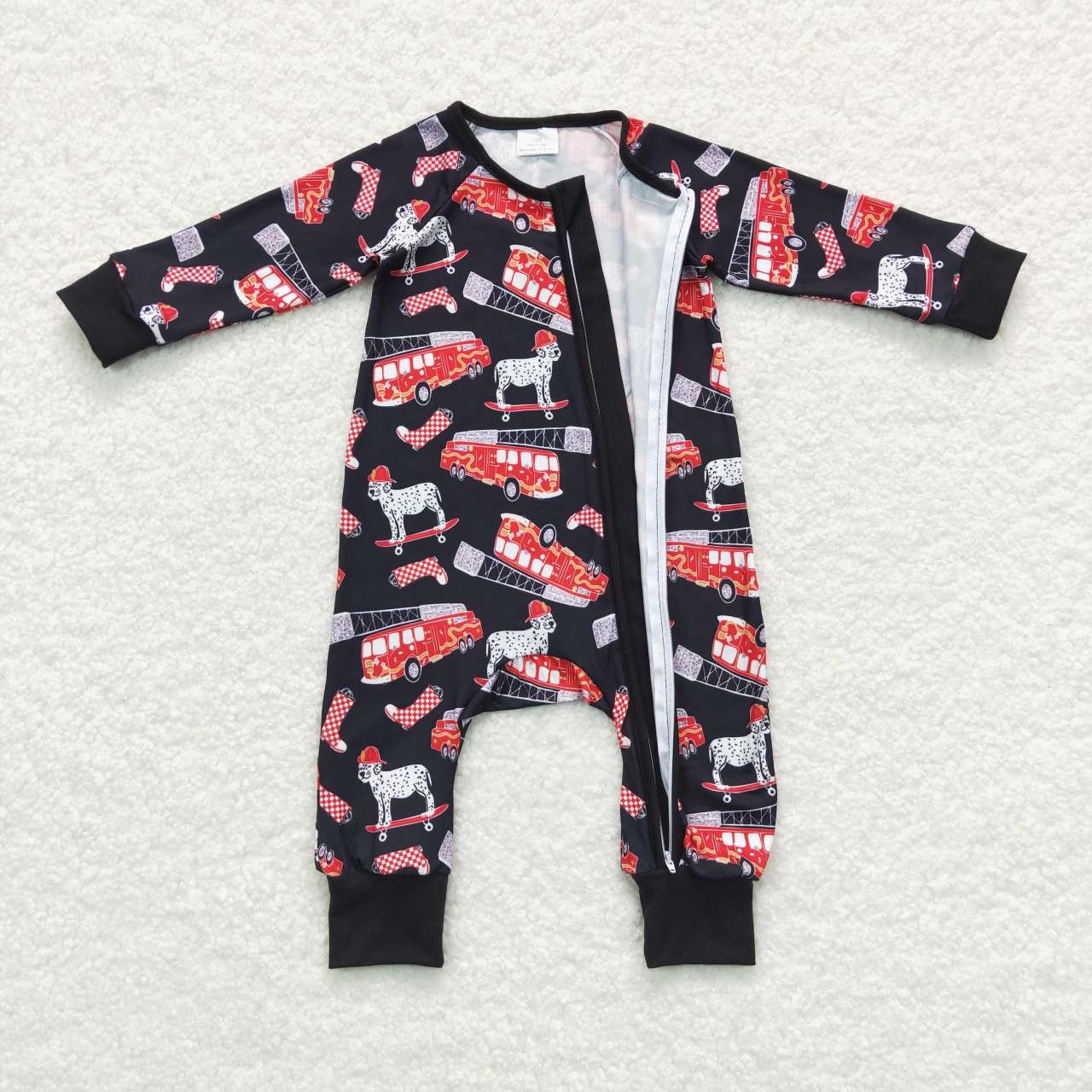 LR0735 Baby Boy Long Sleeves Fire Truck Dogs Zipper One Piece Romper