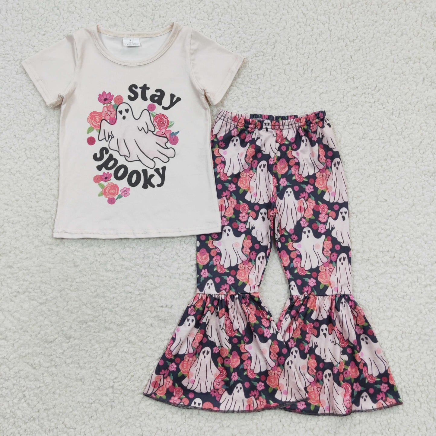 GSPO0664 Halloween Baby Girl Short Sleeves Stay Spooky Shirt Floral Bell Pants Flower Outfit