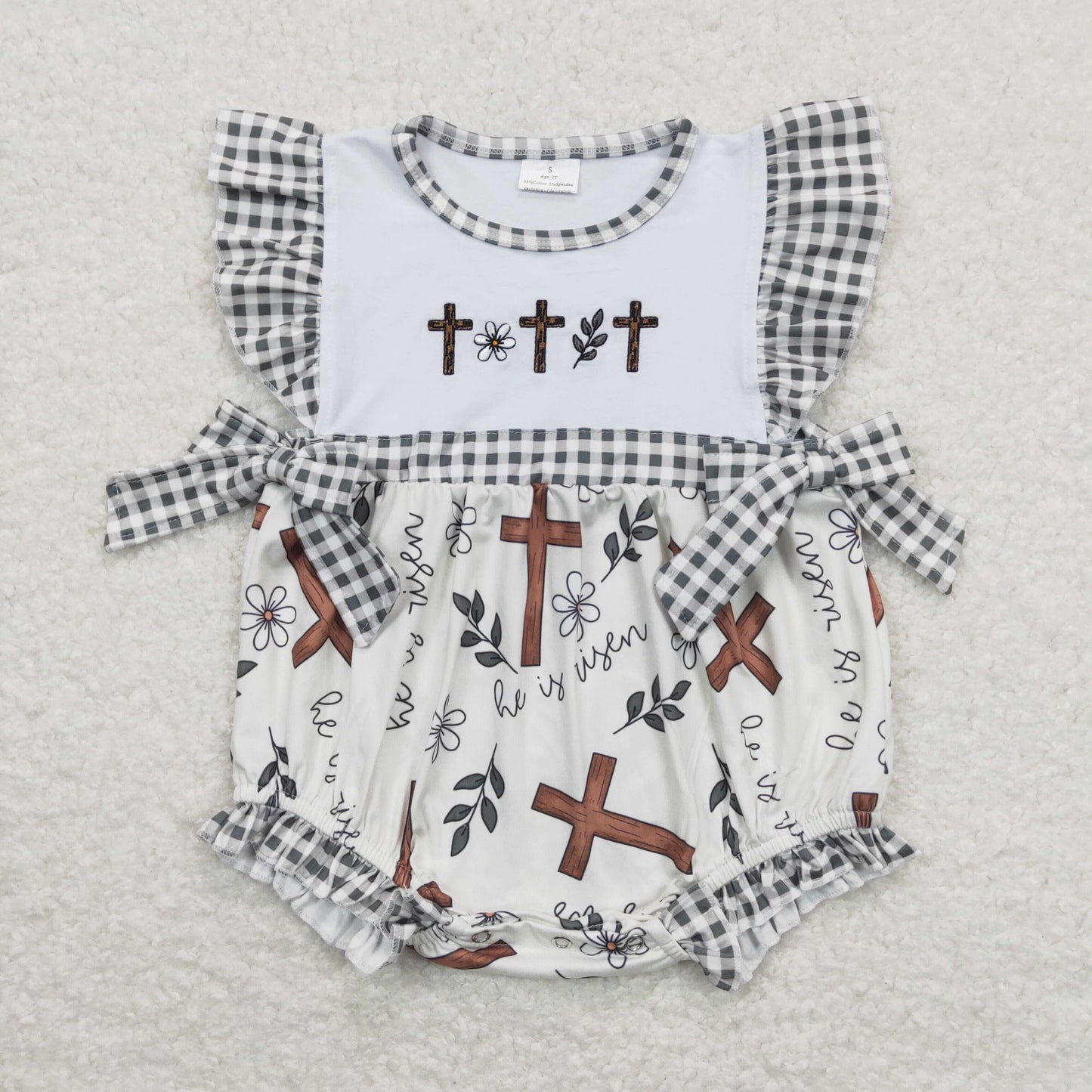 Baby Girl Easter Embroidery Crosses Floral One Piece Romper