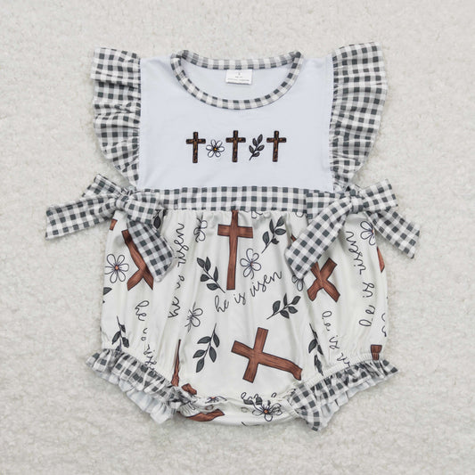 Baby Girl Easter Embroidery Crosses Floral One Piece Romper