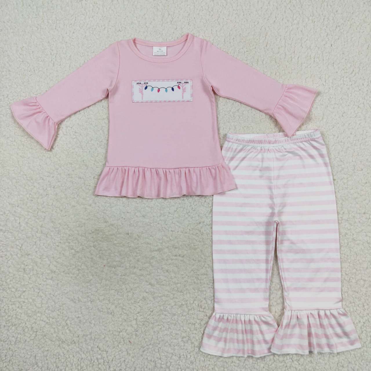 GLP0694 Baby Girl Pink Long Sleeves Embroidery Christmas Light Stripes Pants Pajamas Outfit