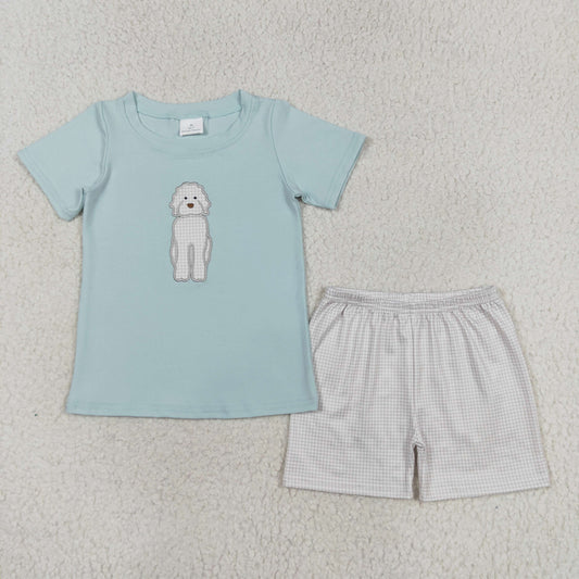 Baby Boy Short Sleeves Embroidery Dog Shirt Plaid Shorts Summer Set
