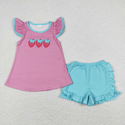 Baby Girl Embroidery Strawberry Stripes Tunic Summer Cotton Shorts Set