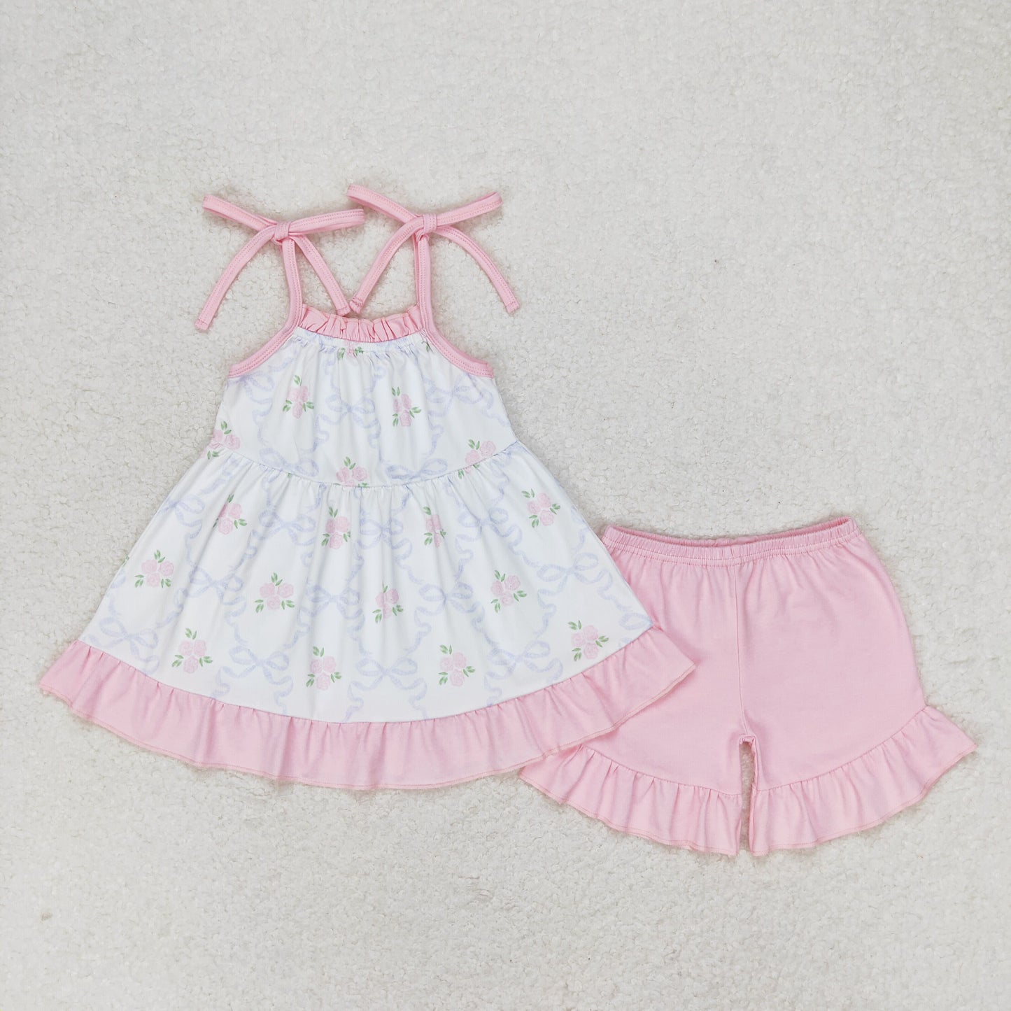 Baby Girl Sleeveless Flower Tops Pink Cotton Shorts Set