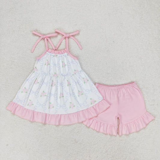 Baby Girl Sleeveless Flower Tops Pink Cotton Shorts Set