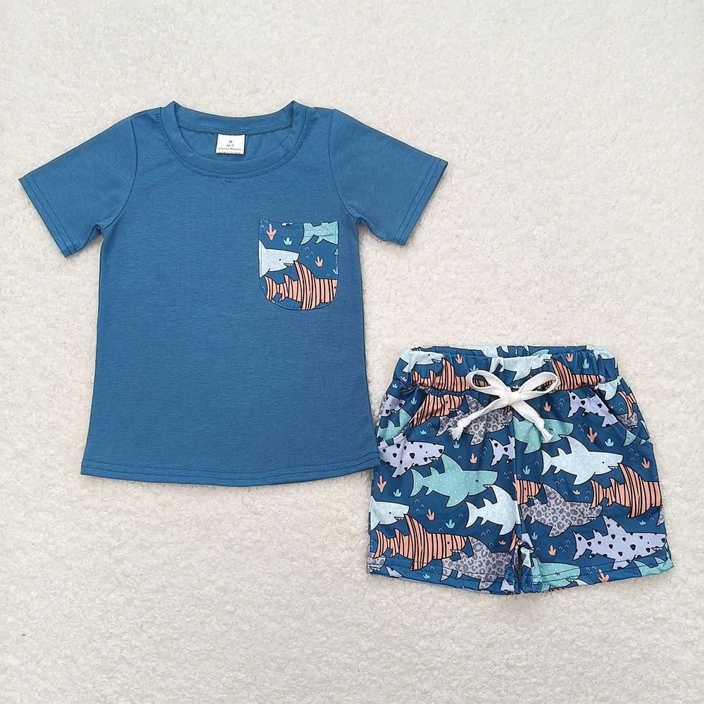 Baby Boy Blue Short Sleeves Pocket Shirt Fish Shorts Summer Set