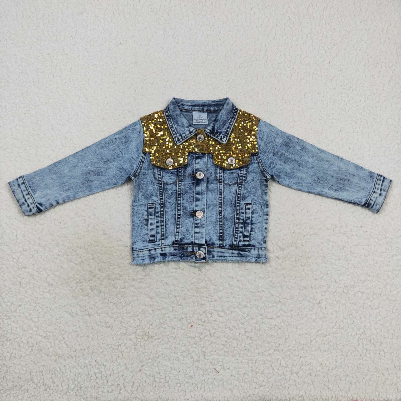 GT0351 Baby Girl Long Sleeves Pocket Denim Jacket Sequins Coat