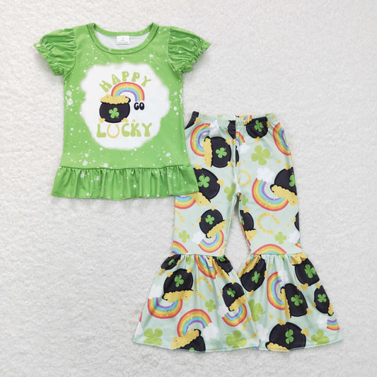 GSPO1046 Baby Girl Green Shirt Bell Pants St. Patrick's Day Set