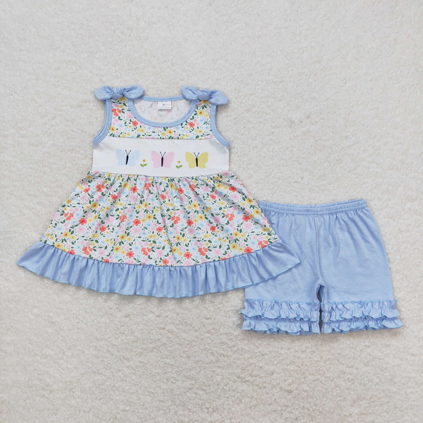 Baby Girl Sleeveless Butterfly Floral Tunic Blue Ruffle Cotton Shorts Summer Set