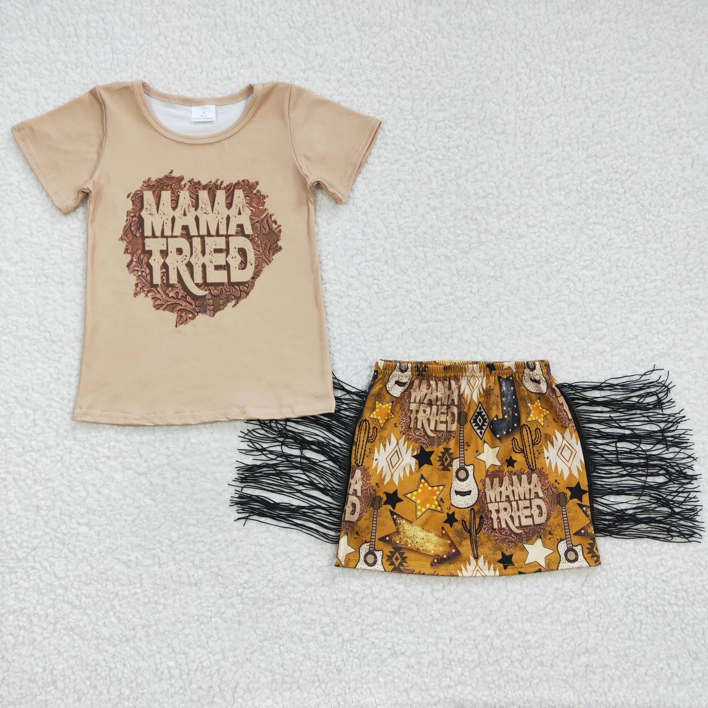 Promotion Baby Girl Summer Short Sleeves Mama Tried Tassel Skirt Western Outfit RTS