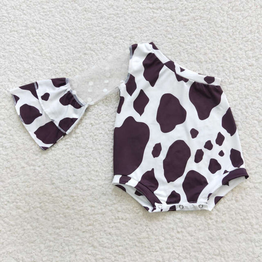LR0601 Baby Girl One Shoulder Western Cow Print One Piece Romper