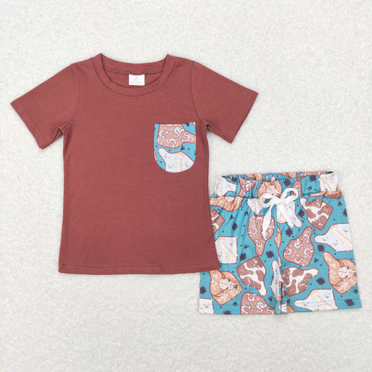 BSSO0348 Western Baby Boy Short Sleeves Pocket Shirt Cow Print Shorts Outfit