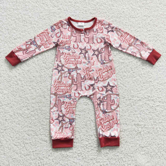 LR0306 Baby Girl Western Cow Cactus Pink Long Sleeves Zipper Romper