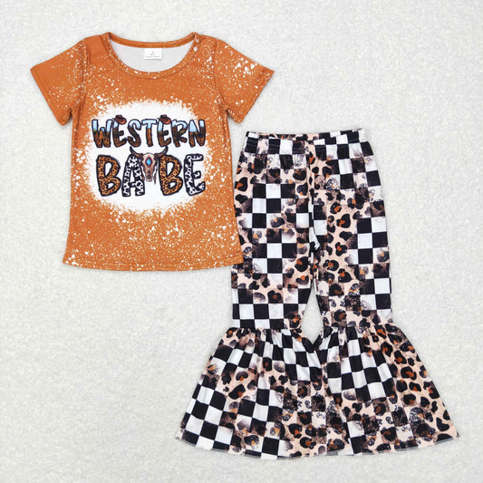 GSPO0388 Baby Girl Western Cow Shirt Checkered Leopard Bell Pants Set